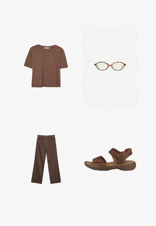 Brown short-sleeve t-shirt made of soft fabric, with a round neckline and relaxed fit. No visible patterns or accents.; Wide-leg brown jeans made of denim, featuring a high waist, front pockets, and a classic button closure. Smooth texture with subtle stitching.; Brown leather sandals with a cushioned footbed, two adjustable straps, and a textured rubber sole. Features visible stitching details.; Tortoiseshell eyeglasses with oval lenses and a sleek, smooth finish. Features thin sides with a subtle curve at the temples. Clear lenses.
