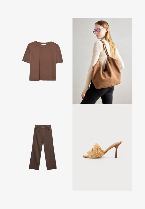 Smeđi kratki rukav majica od mekog materijala, s okruglim izrezom i opuštenim krojem. Nema vidljivih uzoraka ili naglasaka.; Proširene smeđe traperice od denima, s visokim strukom, prednjim džepovima i klasičnom kopčom na dugme. Glatka tekstura s suptilnim šavovima.; Tkani sandale na visokom potpetici u smeškanj boji sa resicama i plavim akcentima, sa zaobljenim otvorenim prstom i suženom štiklom.; Smeđa suede torba sa mekom teksturom, širokim otvorom i dugim trakama. Ima jednostavan dizajn s vidljivim šavovima i bez hardvera.