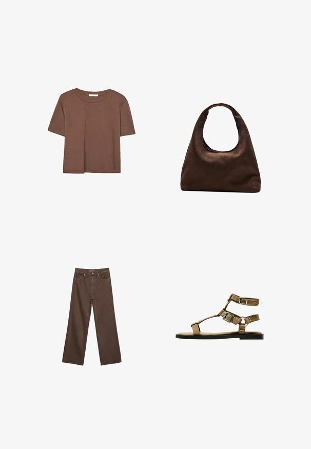 Brun kortærmet t-shirt lavet af blødt stof, med rund halsudskæring og afslappet pasform. Ingen synlige mønstre eller detaljer.; Bredde ben brun denim jeans med høj talje, forlommer og klassisk knaplukning. Glat tekstur med diskret syninger.; Brune ruskindsandaler med flere stropper og sølvspænde, flad sål, åben tå-design og subtile nitter.; Blød brun hobo-stil håndtaske med en enkelt bred strop og en buet åbning på toppen, vist på en hvid baggrund.