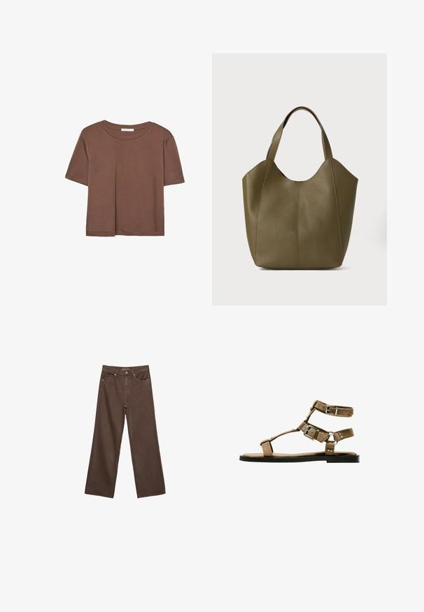 Brązowa koszulka z krótkim rękawem, wykonana z miękkiego materiału, z okrągłym dekoltem i luźnym krojem. Brak widocznych wzorów lub akcentów.; Szerokie brązowe dżinsy wykonane z denimu, z wysokim stanem, przednimi kieszeniami i klasycznym zapięciem na guzik. Gładka faktura z subtelnym przeszyciem.; Brązowe zamszowe sandały z wieloma paskami i srebrnymi klamrami, płaska podeszwa, otwarty przód i subtelne akcenty w postaci ćwieków.; Torebka na ramię w oliwkowozielonym kolorze z podwójnymi uchwytami, gładka tekstura i czteropanelowa konstrukcja. Wzmocnione przeszycia wzdłuż szwów dla większej trwałości.