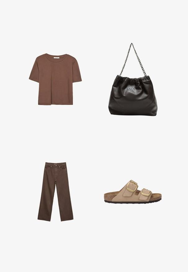 T-shirt marron à manches courtes en tissu doux, avec un col rond et une coupe décontractée. Aucun motif ni accent visible.; Jean brown à jambes larges en denim, doté d'une taille haute, de poches avant et d'une fermeture à bouton classique. Texture lisse avec des coutures subtiles.; Sandale beige à deux brides avec une tige en suède doux, des boucles en métal doré, un semelle intérieure en liège et une semelle en caoutchouc texturé.; Sac en cuir marron avec un haut froncé et une bandoulière en chaîne. Texture lisse avec une finition brillante et des coutures subtiles sur les côtés.