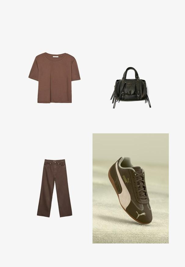 Maglietta a maniche corte marrone realizzata in tessuto morbido, con scollatura rotonda e vestibilità rilassata. Nessun motivo o dettaglio visibile.; Jeans a gamba larga marroni in denim, con vita alta, tasche anteriori e chiusura a bottone classica. Tessuto liscio con cuciture sottili.; Sneaker Puma marrone con striscia e logo beige, allacciato, poggiato su una superficie beige testurizzata.; Borsa a tracolla in pelle nera con manici intrecciati, tasca con zip e nappine pendenti. Superficie texturizzata con borchie metalliche e dettagli in metallo.