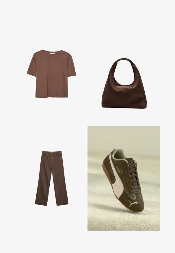 Braunes, kurzärmliges T-Shirt aus weichem Material mit rundem Halsausschnitt und lockerer Passform. Keine sichtbaren Muster oder Akzente.; Weite braune Jeans aus Denim, mit hoher Taille, Fronttaschen und klassischem Knopfverschluss. Glatte Textur mit feinen Nähten.; Braune Puma-Sneaker mit beiger Streifen und Logo, geschnürt, auf einer strukturierten beigen Oberfläche ruhend.; Weiche braune Hobo-Stil Handtasche mit einem einzigen breiten Trageriemen und einer geschwungenen Oberteilöffnung, auf einem weißen Hintergrund präsentiert.