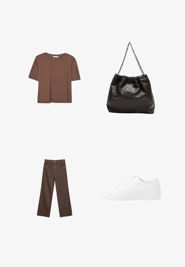 Rjava kratka majica s kratkimi rokavi iz mehkega materiala, s krožnim izrezom in ohlapnim krojem. Brez vidnih vzorcev ali dodatkov.; Široke rjave kavbojke iz denima, ki imajo visok pas, sprednje žepe in klasično zapiranje na gumb. Gladka tekstura s subtilnim šivom.; Bele platnene superge z nizkim dizajnom, okroglo konico, šestimi luknjami za vezalke in teksturiranim gumijastim podplatom. Gladek material z minimalnimi detajli.; Rjava usnjena torba z nabranim vrhom in verižnim trakom. Gladka tekstura z sijajno površino in subtilnimi šivi na straneh.