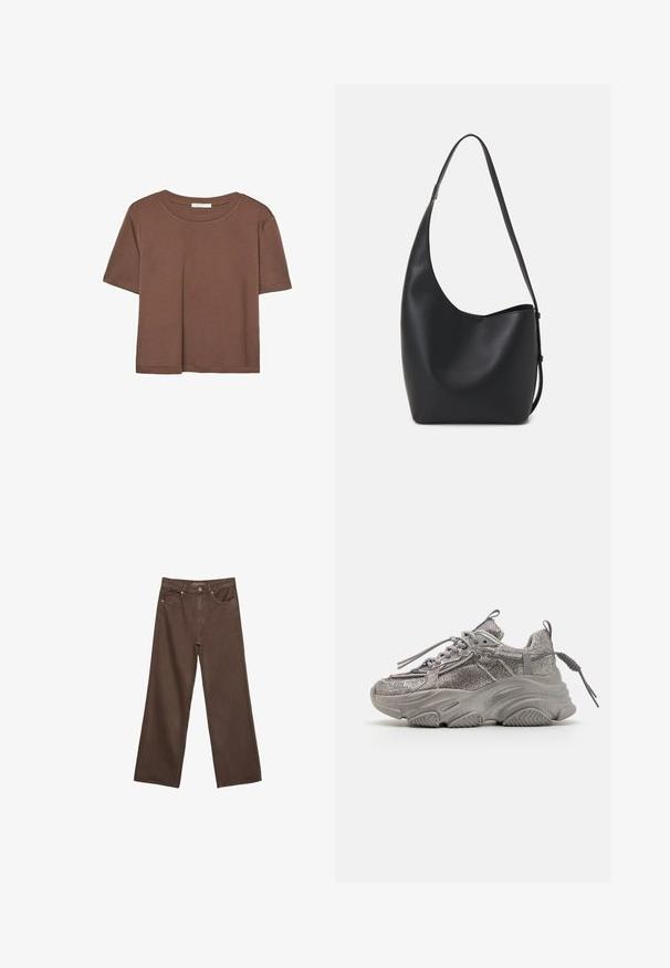 Rjava kratka majica s kratkimi rokavi iz mehkega materiala, s krožnim izrezom in ohlapnim krojem. Brez vidnih vzorcev ali dodatkov.; Široke rjave kavbojke iz denima, ki imajo visok pas, sprednje žepe in klasično zapiranje na gumb. Gladka tekstura s subtilnim šivom.; Čudoviti sivi športni copati z teksturiranim mrežastim zgornjim delom, debelim gumijastim podplatom in ravnimi vezalkami. Imajo oblazinjeno ovratnik in petni trak za varen oprijem.; Črna usnjena hobo torba z gladko teksturo, ukrivljeno obliko in eno nastavljivo naramnico; ima širok odprtina na vrhu.