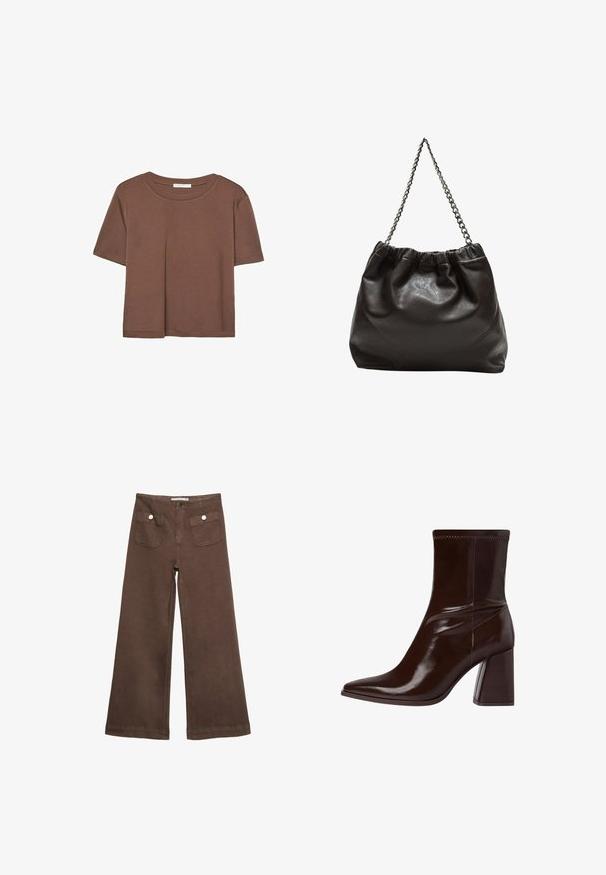 Hnedé tričko s krátkym rukávom vyrobené z jemného materiálu, s okrúhlym výstrihom a voľným strihom. Žiadne viditeľné vzory ani akcenty.; Hnedé široké nohavice vyrobené z bavlny, s dvoma prednými vreckami so striebornými gombíkmi a hladkou textúrou.; Hnedé lakované členkové čižmy s špicatou špičkou, elastickým členkom a mohutným blokovým podpätkom. Elegantný dizajn s hladkým povrchom.; Hnedá kožená taška so zberaným vrchom a reťazovým popruhom. Hladký povrch s lesklým finišom a jemným švom po stranách.
