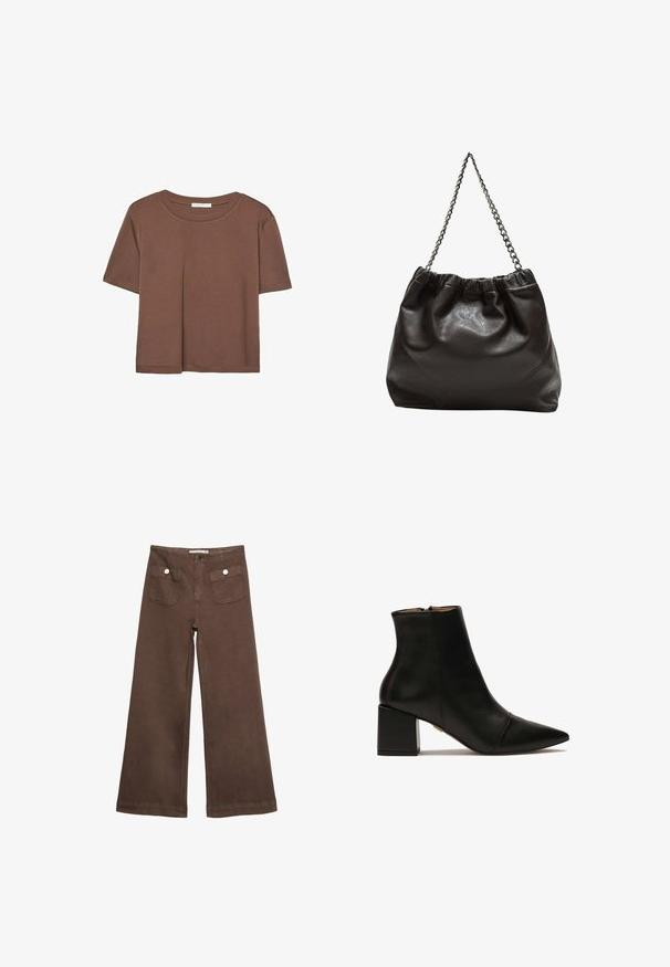 Smeđi kratki rukav majica od mekog materijala, s okruglim izrezom i opuštenim krojem. Nema vidljivih uzoraka ili naglasaka.; Smeđe široke hlače od pamuka, s dva prednja džepa sa srebrnim dugmadima i glatkom teksturom.; Crne kožne čizme do gležnjeva s oštrim prstom, blok petom i zatvaranjem na patentni zatvarač straga. Glatka tekstura s minimalnim detaljima šivanja.; Smeđa kožna torba s naboranim vrhom i lančićem za nošenje. Glatka tekstura s sjajnim završetkom i suptilnim šavnim detaljima sa strane.