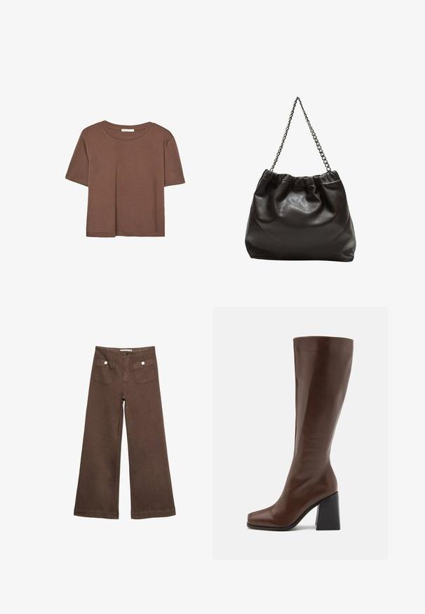 Hnědé tričko s krátkým rukávem vyrobené z měkké látky, s kulatým výstřihem a volným střihem. Bez viditelných vzorů nebo dekorací.; Hnědé široké kalhoty vyrobené z bavlny, s dvěma předními kapsami a stříbrnými knoflíky, s hladkou texturou.; RAID RENZO - Vysoká obuv - brown; Hnědá kožená taška se sbíraným vrškem a řetízkovým popruhem. Hladký povrch s lesklým finišem a jemným švem na bocích.