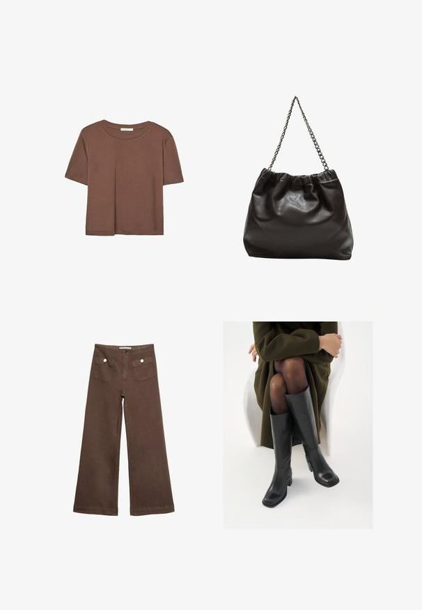 Hnědé tričko s krátkým rukávem vyrobené z měkké látky, s kulatým výstřihem a volným střihem. Bez viditelných vzorů nebo dekorací.; Hnědé široké kalhoty vyrobené z bavlny, s dvěma předními kapsami a stříbrnými knoflíky, s hladkou texturou.; Černé kožené boty po kolena s hranatou špičkou a blokovým podpatkem, předvedené na modelce sedící v olivově zeleném kabátu. Hladký povrch, minimalizované detaily.; Hnědá kožená taška se sbíraným vrškem a řetízkovým popruhem. Hladký povrch s lesklým finišem a jemným švem na bocích.