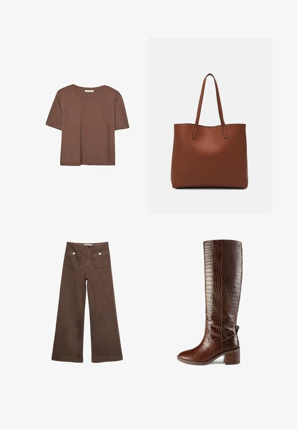 Korte mouwen T-shirt in bruin, gemaakt van een zachte stof, met een ronde halslijn en een relaxte pasvorm. Geen zichtbare patronen of accenten.; Bruine wijde broek van katoen, met twee voorzakken met zilveren knopen en een gladde textuur.; L37 SIMPLE LIFE - Laarzen - brown; Bruine leren tote bag met een gladde textuur, een ontwerp met een open bovenkant en twee schouderbanden. Kenmerkt zich door minimale stiksels en geen zichtbare hardware.