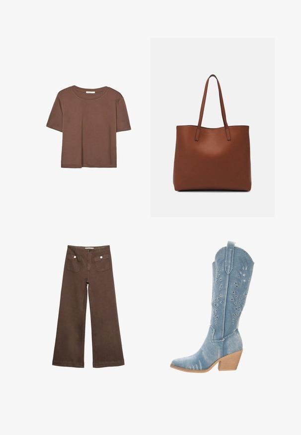 Brązowa koszulka z krótkim rękawem, wykonana z miękkiego materiału, z okrągłym dekoltem i luźnym krojem. Brak widocznych wzorów lub akcentów.; Czerwone spodnie typu wide-leg wykonane z bawełny, z dwoma przednimi kieszeniami zapinanymi na srebrne guziki oraz gładką fakturą.; Dżinsowy kowbojski but, jasnoniebieski, spiczasty nos, wycięcia w kształcie trójkątów, niski, piętka w stylu stacked, teksturowane wykończenie.; Brązowa skórzana torba tote o gładkiej fakturze, z otwartym wierzchem i dwoma ramiączkami. Charakteryzuje się minimalnym przeszyciem i brakiem widocznych elementów metalowych.