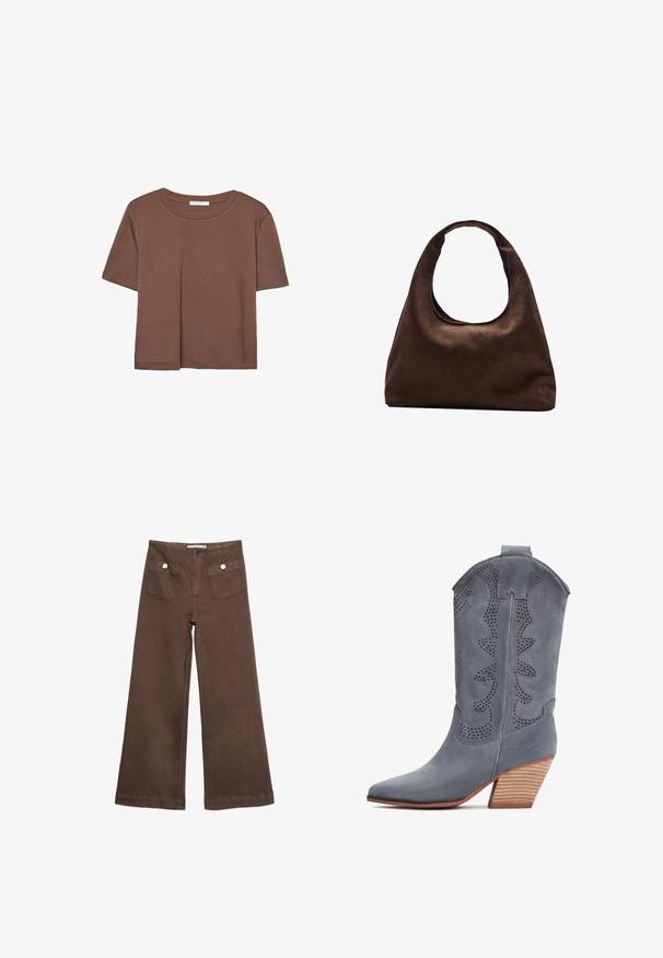 Smeđi kratki rukav majica od mekog materijala, s okruglim izrezom i opuštenim krojem. Nema vidljivih uzoraka ili naglasaka.; Smeđe široke hlače od pamuka, s dva prednja džepa sa srebrnim dugmadima i glatkom teksturom.; Sive usnjene cowboy čizme z zaostrenim nosom, perforiranim dizajnom in leseno podložnim peto. Imajo dekorativni valoviti zgornji del.; Meka mekana smeđa torba hobo stila s jednim širokim remenom i zakrivljenim otvaranjem na vrhu, prikazana na bijeloj pozadini.
