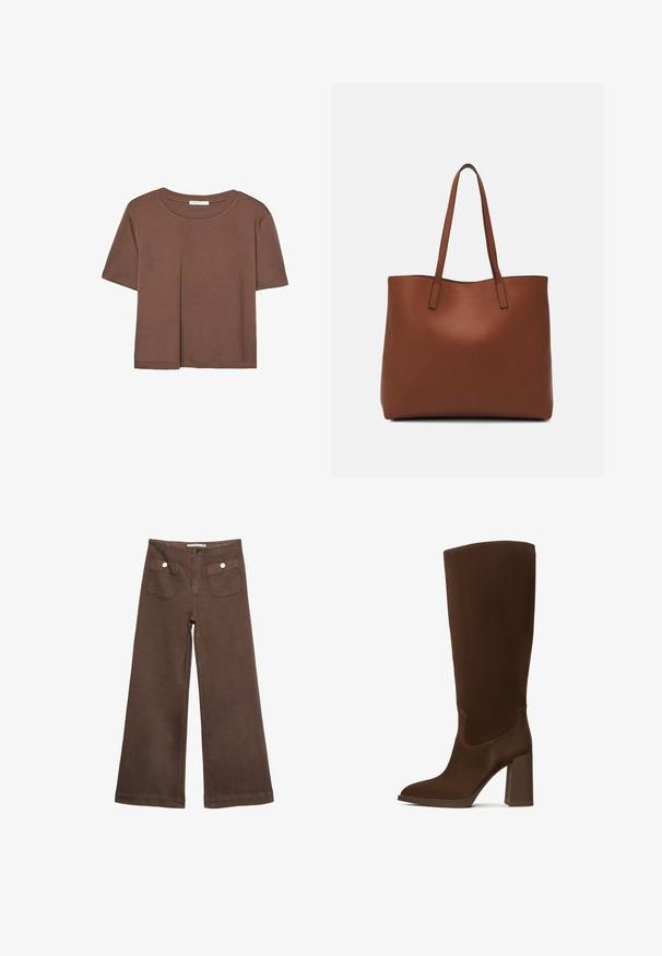 Brązowa koszulka z krótkim rękawem, wykonana z miękkiego materiału, z okrągłym dekoltem i luźnym krojem. Brak widocznych wzorów lub akcentów.; Czerwone spodnie typu wide-leg wykonane z bawełny, z dwoma przednimi kieszeniami zapinanymi na srebrne guziki oraz gładką fakturą.; Brązowe, wysokie do kolan botki wykonane z gładkiego materiału, z nokciem w kształcie szpica i kwadratowym obcasem. Szczegóły przeszyć podkreślają elegancki design.; Brązowa skórzana torba tote o gładkiej fakturze, z otwartym wierzchem i dwoma ramiączkami. Charakteryzuje się minimalnym przeszyciem i brakiem widocznych elementów metalowych.