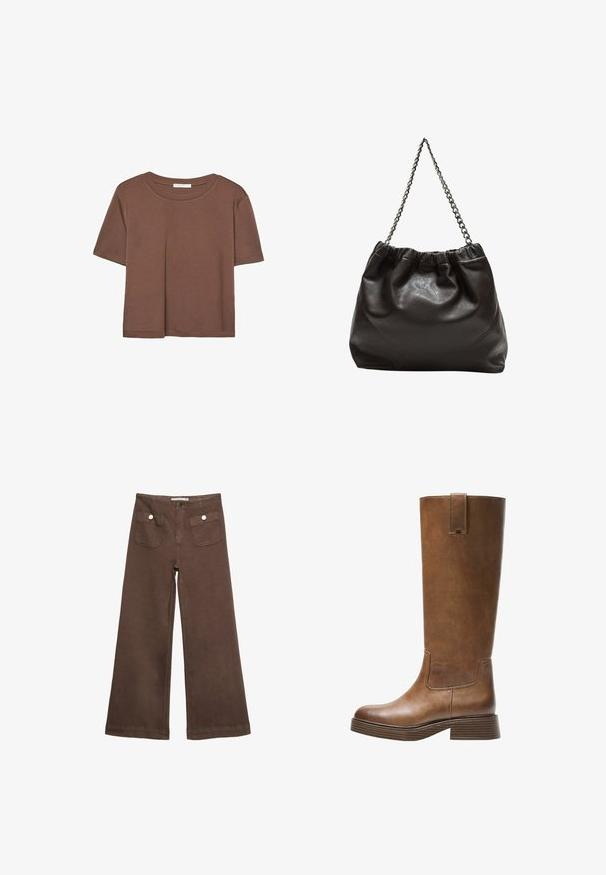 Smeđi kratki rukav majica od mekog materijala, s okruglim izrezom i opuštenim krojem. Nema vidljivih uzoraka ili naglasaka.; Smeđe široke hlače od pamuka, s dva prednja džepa sa srebrnim dugmadima i glatkom teksturom.; Smeđe kožne čizme do koljena s zaobljenim nosom, teksturiranom površinom i niskim debljim potplatom. Imaju bočni panel i povlačnu traku na vrhu.; Smeđa kožna torba s naboranim vrhom i lančićem za nošenje. Glatka tekstura s sjajnim završetkom i suptilnim šavnim detaljima sa strane.