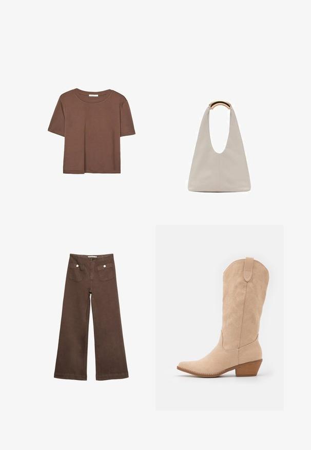 Hnědé tričko s krátkým rukávem vyrobené z měkké látky, s kulatým výstřihem a volným střihem. Bez viditelných vzorů nebo dekorací.; Hnědé široké kalhoty vyrobené z bavlny, s dvěma předními kapsami a stříbrnými knoflíky, s hladkou texturou.; Beige semišové kovbojské boty s špičatou špičkou a lehce texturovaným siluetou. Obsahují dekorativní šití a nízký vrstvený podpatek.; Světlá šedá kožená taška s U-tvarovaným designem a zakřivenou kovovou rukojetí. Hladký povrch s minimálním šitím a bez viditelných vzorů.