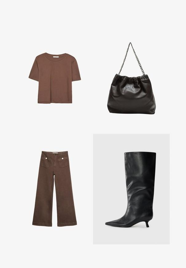 T-shirt marron à manches courtes en tissu doux, avec un col rond et une coupe décontractée. Aucun motif ni accent visible.; Pantalons larges marron en coton, dotés de deux poches avant avec des boutons argentés, et une texture lisse.; Bottes en cuir noires jusqu'aux genoux avec un bout pointu et un petit talon, présentées sur un fond clair.; Sac en cuir marron avec un haut froncé et une bandoulière en chaîne. Texture lisse avec une finition brillante et des coutures subtiles sur les côtés.