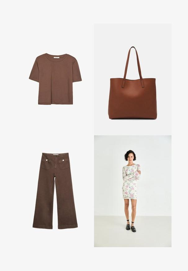 Brown short-sleeve t-shirt made of soft fabric, with a round neckline and relaxed fit. No visible patterns or accents.; Brown wide-leg trousers made of cotton, featuring two front pockets with silver buttons, and a smooth texture.; Floral lace mini dress with long sleeves, featuring pink and blue patterns on a cream background. Black loafers with studs and ankle straps.; Brown leather tote bag with a smooth texture, open top design, and two shoulder straps. Features minimal stitching and no visible hardware.