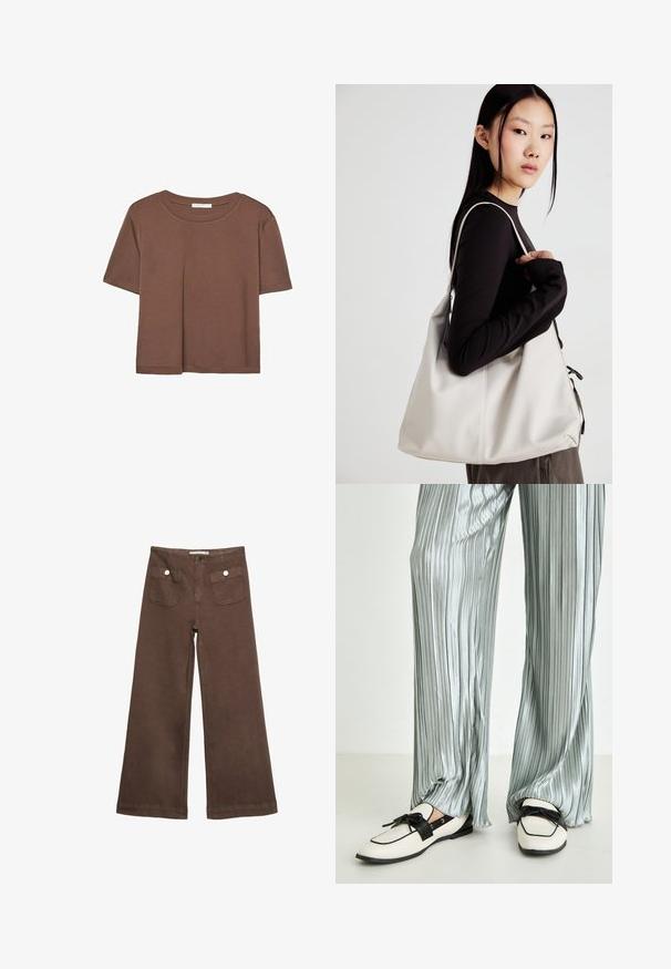 Kahvinsävyinen lyhythihainen t-paita, joka on valmistettu pehmeästä kankaasta. Pyöreä pääntie ja rento malli. Ei näkyviä kuvioita tai koristeita.; Ruske leve bukser i bomuld med to forlommer med sølvknapper og en glat overflade.; Vaaleanhopeiset laskostetut housut, jotka on yhdistetty kermaisiin sliip-on-kengiksi, joissa on musta hihna ja nauha detaljina, sekä litteä pohja.; Beige laukku, joka on valmistettu pehmeästä materiaalista, ja siinä on rento muotoilu, ommeltu yksityiskohtia ja kaksi olkahihnaa. Sopii päivittäiseen käyttöön.