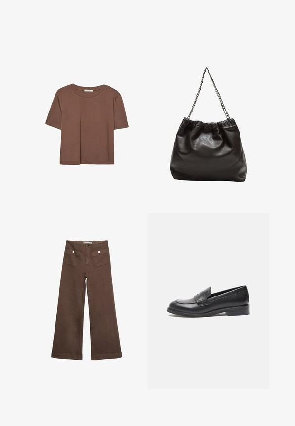 Braunes, kurzärmliges T-Shirt aus weichem Material mit rundem Halsausschnitt und lockerer Passform. Keine sichtbaren Muster oder Akzente.; Braune weit geschnittene Hosen aus Baumwolle, mit zwei Fronttaschen mit silbernen Knöpfen und einer glatten Textur.; Schwarze Lederloafers mit glatter Oberfläche, runder Spitze und seitlichem Nähdetail. Verfügt über einen niedrigen, rechteckigen Absatz.; Braune Lederhandtasche mit gerafftem Oberteil und Kettenriemen. Glatte Textur mit glänzendem Finish und subtilen Nahtdetails an den Seiten.