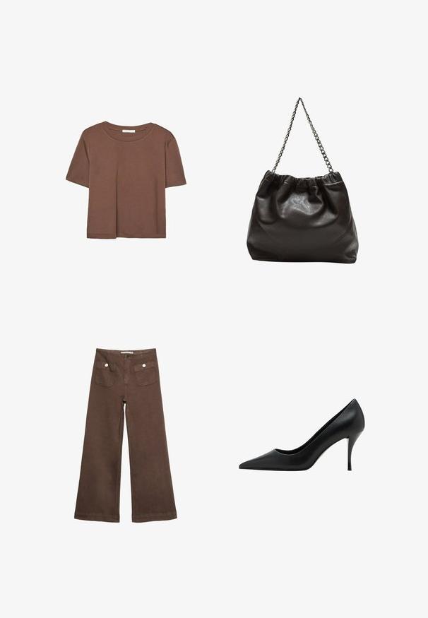 Braunes, kurzärmliges T-Shirt aus weichem Material mit rundem Halsausschnitt und lockerer Passform. Keine sichtbaren Muster oder Akzente.; Braune weit geschnittene Hosen aus Baumwolle, mit zwei Fronttaschen mit silbernen Knöpfen und einer glatten Textur.; Schwarzer Lederhighheel mit spitzem Zehenbereich, glatter Textur und schlankem Stiletto-Absatz, der ein minimalistisches Design aufweist.; Braune Lederhandtasche mit gerafftem Oberteil und Kettenriemen. Glatte Textur mit glänzendem Finish und subtilen Nahtdetails an den Seiten.