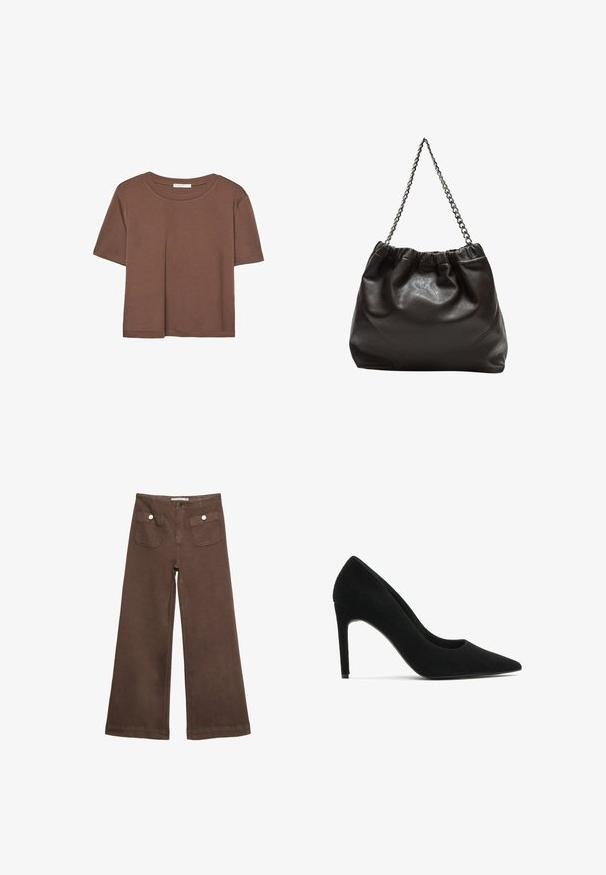 Kahvinsävyinen lyhythihainen t-paita, joka on valmistettu pehmeästä kankaasta. Pyöreä pääntie ja rento malli. Ei näkyviä kuvioita tai koristeita.; Ruske leve bukser i bomuld med to forlommer med sølvknapper og en glat overflade.; Mustat mokkanahka korkeakorkoiset korkokengät kärjellä, sileä pinta ja tyylikäs siluetti; varusteena on stiletto-korko ja minimalistinen muotoilu.; Ruskea nahkainen laukku, jossa on kerätty yläosa ja ketjuhihna. Tasainen pinta, jossa kiiltävä viimeistely ja hienovaraiset sauman yksityiskohdat sivuilla.