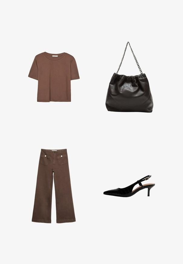 Brun kortärmad t-shirt i mjukt tyg, med rund halsringning och avslappnad passform. Inga synliga mönster eller detaljer.; Bruna vida byxor i bomull med två framfickor med silverknappar och en slät yta.; Svart slingback högklackad sko med spetsig tå, krokodilstruktur mönster, tunn klack och ett spänne på sidan.; Brun läderväska med rynkad topp och kedjesnodd. Slät textur med en blankslipad yta och subtila sömdetaljer på sidorna.