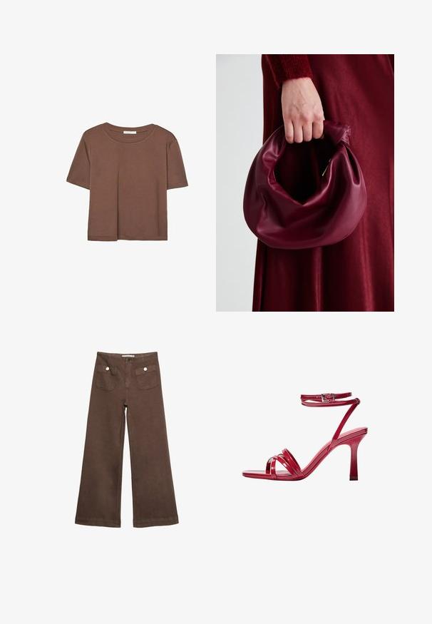 Brązowa koszulka z krótkim rękawem, wykonana z miękkiego materiału, z okrągłym dekoltem i luźnym krojem. Brak widocznych wzorów lub akcentów.; Czerwone spodnie typu wide-leg wykonane z bawełny, z dwoma przednimi kieszeniami zapinanymi na srebrne guziki oraz gładką fakturą.; Czerwone lakierowane sandały na wysokim obcasie z paskowym wzorem, wyposażone w pojedynczy zamek na kostce i zwężany obcas dla stabilności.; Bordowa skórzana torebka o miękkim, marszczonym wyglądzie i zaokrąglonym kształcie. Uchwyt jest zabezpieczony, co podkreśla gładką fakturę.