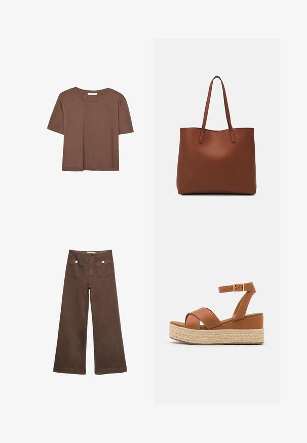 Brown short-sleeve t-shirt made of soft fabric, with a round neckline and relaxed fit. No visible patterns or accents.; Brown wide-leg trousers made of cotton, featuring two front pockets with silver buttons, and a smooth texture.; Brown platform sandals featuring a woven jute base, wide cross straps, and an ankle strap with a gold buckle. Smooth leather texture.; Brown leather tote bag with a smooth texture, open top design, and two shoulder straps. Features minimal stitching and no visible hardware.