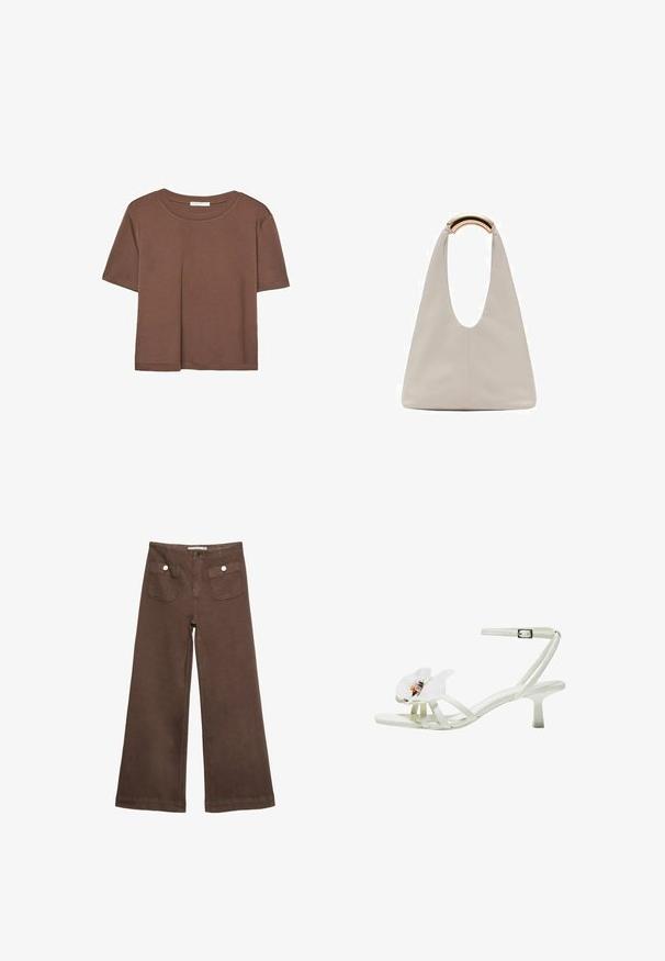 Maglietta a maniche corte marrone realizzata in tessuto morbido, con scollatura rotonda e vestibilità rilassata. Nessun motivo o dettaglio visibile.; Pantaloni larghi marroni in cotone, con due tasche frontali decorate da bottoni argentati e una texture liscia.; Sandaletta bianca con tacco, realizzata in materiale testurizzato, caratterizzata da un ampio accento floreale sulla punta, sottili cinturini e un tacco a stiletto di media altezza.; Borsa in pelle grigio chiaro con design a forma di U e manico metallico curvo. Texture liscia con cuciture minime e senza motivi visibili.