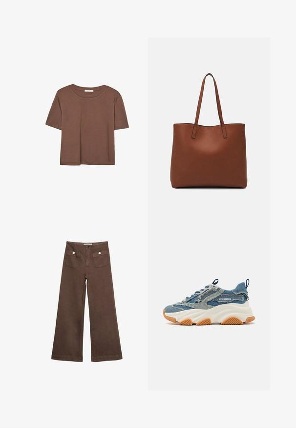 Brown short-sleeve t-shirt made of soft fabric, with a round neckline and relaxed fit. No visible patterns or accents.; Brown wide-leg trousers made of cotton, featuring two front pockets with silver buttons, and a smooth texture.; Denim sneaker featuring a layered blue design, frayed accents, a white chunky sole, and a rubber brown outsole for grip.; Brown leather tote bag with a smooth texture, open top design, and two shoulder straps. Features minimal stitching and no visible hardware.