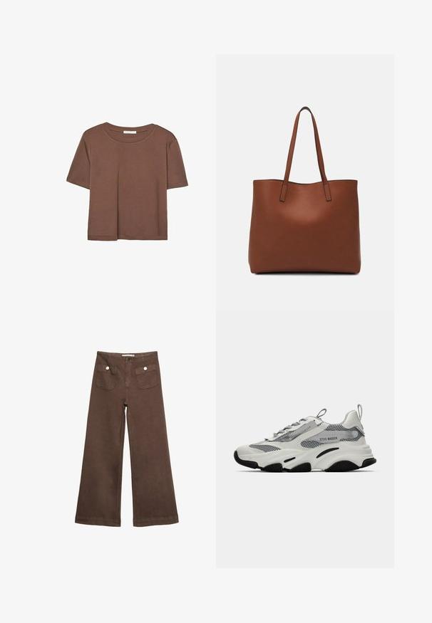 Braunes, kurzärmliges T-Shirt aus weichem Material mit rundem Halsausschnitt und lockerer Passform. Keine sichtbaren Muster oder Akzente.; Braune weit geschnittene Hosen aus Baumwolle, mit zwei Fronttaschen mit silbernen Knöpfen und einer glatten Textur.; Weiße Sportsneakers mit Mesh-Elementen, grauen Akzenten und schwarzen Gummisohlen. Verfügt über Schnürsenkel, eine Zuglasche und Markenkennzeichnung.; Braune Leder-Tote mit glatter Textur, offenem Oberteil und zwei Schulterriemen. Verfügt über minimale Nähte und keine sichtbaren Beschläge.