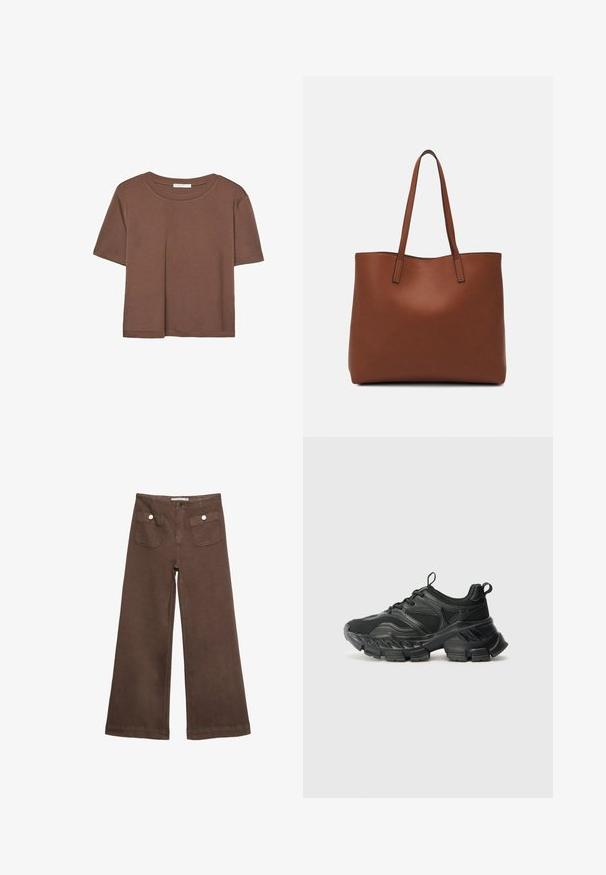 Hnedé tričko s krátkym rukávom vyrobené z jemného materiálu, s okrúhlym výstrihom a voľným strihom. Žiadne viditeľné vzory ani akcenty.; Hnedé široké nohavice vyrobené z bavlny, s dvoma prednými vreckami so striebornými gombíkmi a hladkou textúrou.; Even&Odd Wide Fit MAURITANIA - Tenisky - black; Hnedá kožená taška na rameno s hladkou textúrou, otvoreným vrchom a dvoma ramenými popruhmi. Má minimálne šitia a žiadne viditeľné kovania.