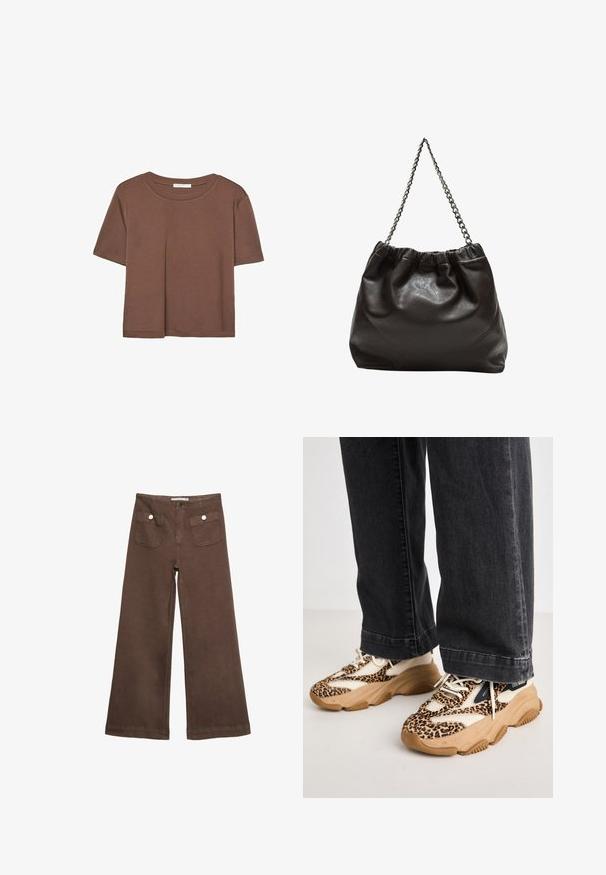 T-shirt marron à manches courtes en tissu doux, avec un col rond et une coupe décontractée. Aucun motif ni accent visible.; Pantalons larges marron en coton, dotés de deux poches avant avec des boutons argentés, et une texture lisse.; Baskets en imprimé léopard avec des panneaux en maille et en cuir, semelle en caoutchouc beige, et accents noirs contrastants. Portées avec un jean noir ample.; Sac en cuir marron avec un haut froncé et une bandoulière en chaîne. Texture lisse avec une finition brillante et des coutures subtiles sur les côtés.