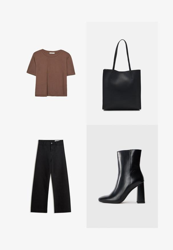 Rjava kratka majica s kratkimi rokavi iz mehkega materiala, s krožnim izrezom in ohlapnim krojem. Brez vidnih vzorcev ali dodatkov.; Črne široke denim hlače z visokim pasom, ki imajo sprednje in zadnje žepe, šivane šive ter gumbasto zapiranje. Gladka tekstura.; Črne usnjene škornje do meč s koničastim nosom in debelim visokim peto, prikazane s strani na enobarvni beli podlagi.; Črna usnjena torba s svilnato teksturo, pravokotne oblike in dvema dolgima ročajema. Brez vidnih metalnih delov ali okrasnih elementov.