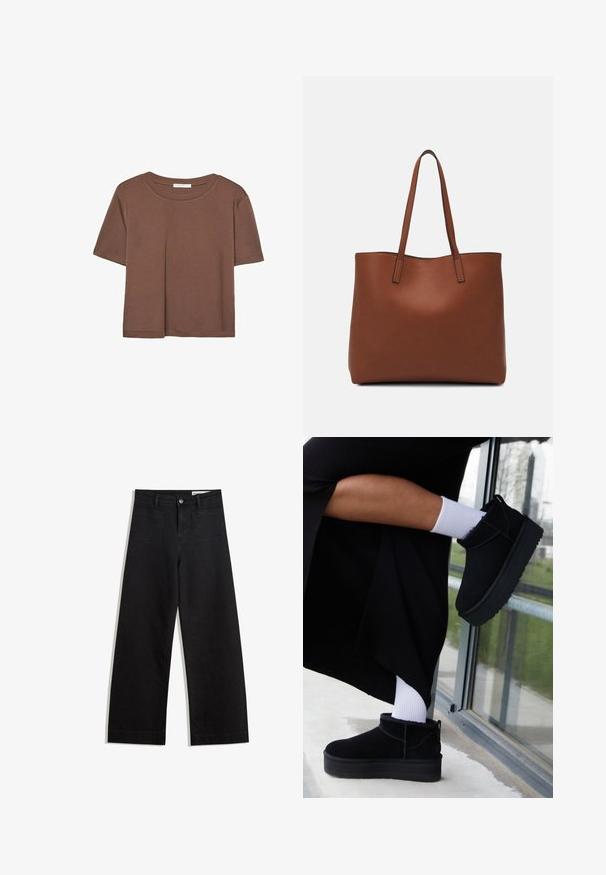 Brązowa koszulka z krótkim rękawem, wykonana z miękkiego materiału, z okrągłym dekoltem i luźnym krojem. Brak widocznych wzorów lub akcentów.; Czarne dżinsowe spodnie o szerokich nogawkach i wysokim stanie, z przednimi i tylnymi kieszeniami, przeszyciami oraz zapięciem na guziki. Gładka struktura.; Czarne zamszowe botki za kostkę z płaską podeszwą, z tylną pętelką do zakupu, noszone z białymi skarpetkami za kostkę na minimalistycznym tle.; Brązowa skórzana torba tote o gładkiej fakturze, z otwartym wierzchem i dwoma ramiączkami. Charakteryzuje się minimalnym przeszyciem i brakiem widocznych elementów metalowych.