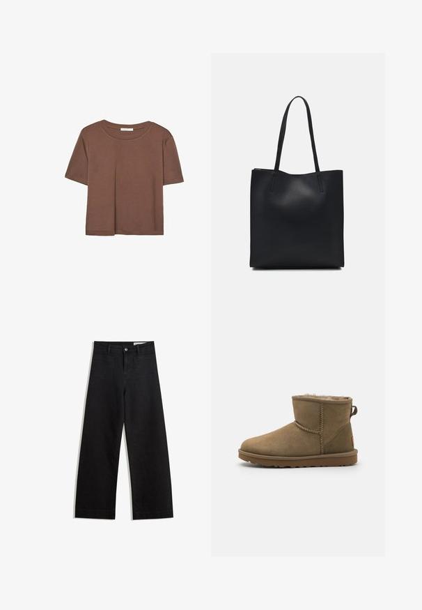 Brun kortærmet t-shirt lavet af blødt stof, med rund halsudskæring og afslappet pasform. Ingen synlige mønstre eller detaljer.; Sorte wide-leg denim bukser med høj talje, der har front- og baglommer, syede sømme og en knaplukning. Glat tekstur.; Brune ruskind ankelstøvle med en blød, fuzzy foring, rund tå og en løkkeaccent bagpå. Flad gummisål med struktureret greb.; Sort læder tote taske med glat tekstur, rektangulær form og to lange hanke. Ingen synlig hardware eller udsmykninger.