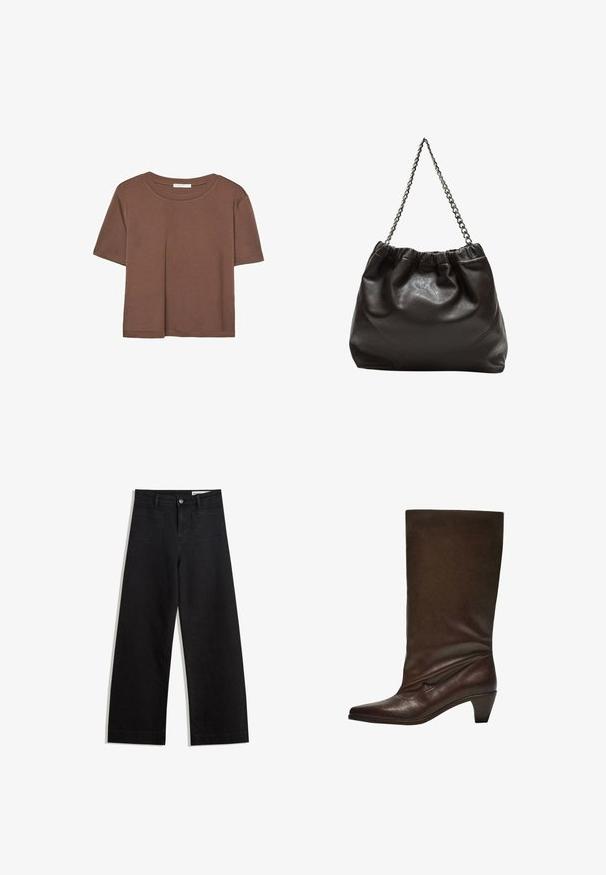 Brun kortärmad t-shirt i mjukt tyg, med rund halsringning och avslappnad passform. Inga synliga mönster eller detaljer.; Svarta vida denimbyxor med hög midja, med fram- och bakfickor, sydda sömmar och knappstängning. Slät textur.; Mörkbrun läderstövel i midikalvslängd med låg staplad klack, spetsig tå och något nedslagen skafthörn mot en vit bakgrund.; Brun läderväska med rynkad topp och kedjesnodd. Slät textur med en blankslipad yta och subtila sömdetaljer på sidorna.