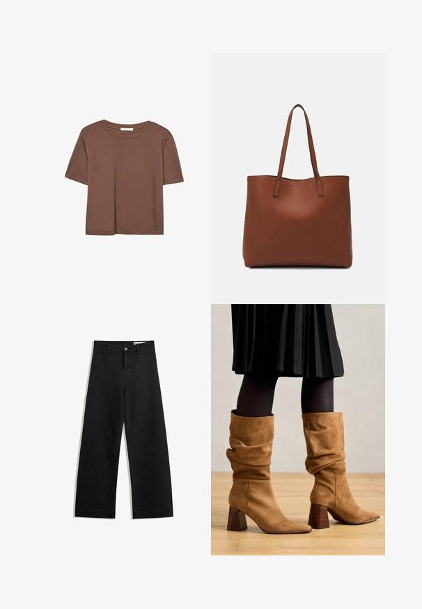 Rjava kratka majica s kratkimi rokavi iz mehkega materiala, s krožnim izrezom in ohlapnim krojem. Brez vidnih vzorcev ali dodatkov.; Črne široke denim hlače z visokim pasom, ki imajo sprednje in zadnje žepe, šivane šive ter gumbasto zapiranje. Gladka tekstura.; Rjavi antejofski zasukani gležnjači s špicastimi nosi in visokimi lesenimi petami. Oblikovani z črnimi nogavicami in nagubanimi črnimi krilom.; Rjava usnjena torba z gladko teksturo, odprto zasnovo zgoraj in dvema naramnima trakovoma. Opremljena je z minimalnim šivanjem in brez vidnih kovinskih delov.