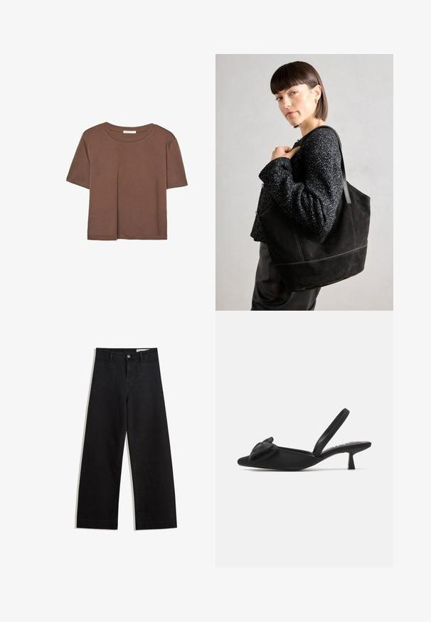 Brun kortärmad t-shirt i mjukt tyg, med rund halsringning och avslappnad passform. Inga synliga mönster eller detaljer.; Svarta vida denimbyxor med hög midja, med fram- och bakfickor, sydda sömmar och knappstängning. Slät textur.; ONLY SHOES ONLCOCO BOW SLINGBACK - Pumps - black; Svart mocka tote-väska med en slät textur, strukturerad form och kontrasterande sömmar. Har långa bärremmar för axelbärande.