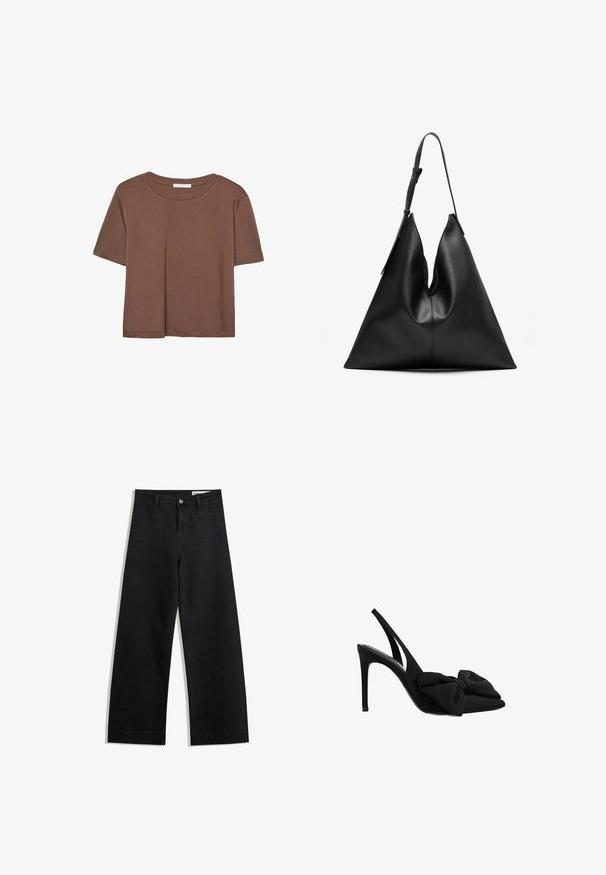 Brun kortærmet t-shirt lavet af blødt stof, med rund halsudskæring og afslappet pasform. Ingen synlige mønstre eller detaljer.; Sorte wide-leg denim bukser med høj talje, der har front- og baglommer, syede sømme og en knaplukning. Glat tekstur.; Sorte slingback højhælede sko lavet af glat stof med spids tå og stofsløjfe detalje foran. Slank stilet-to.; Sort læder trekantet håndtaske med en enkelt justerbar skulderrem og en blød, let slappet struktur.