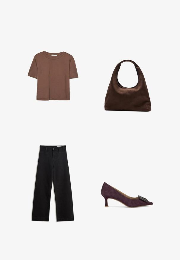 T-shirt marron à manches courtes en tissu doux, avec un col rond et une coupe décontractée. Aucun motif ni accent visible.; Pantalon en denim noir à jambes larges avec une taille haute, comprenant des poches avant et arrière, des coutures piquées et une fermeture à bouton. Texture lisse.; Escarpin en velours violet avec un bout pointu, un talon bas et des éléments décoratifs en métal noir à l'avant, présentant une texture lisse et un design classique.; Sac à main en toile marron doux de style hobo avec une large sangle unique et une ouverture en haut arrondie, présenté sur un fond blanc.