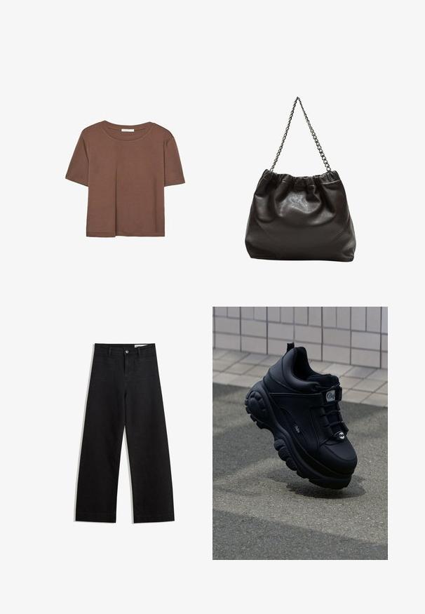 Maglietta a maniche corte marrone realizzata in tessuto morbido, con scollatura rotonda e vestibilità rilassata. Nessun motivo o dettaglio visibile.; Pantaloni in denim neri a gamba larga con vita alta, dotati di tasche anteriori e posteriori, cuciture a punto, e chiusura con bottone. Texture liscia.; Sneaker nere spesse con una finitura in pelle liscia, allacciatura frontale, suola imbottita e logo in rilievo sul lato. Suola testurizzata visibile.; Borsa in pelle marrone con parte superiore arricciata e tracolla a catena. Texture liscia con finitura lucida e dettagli di cucitura sottili sui lati.
