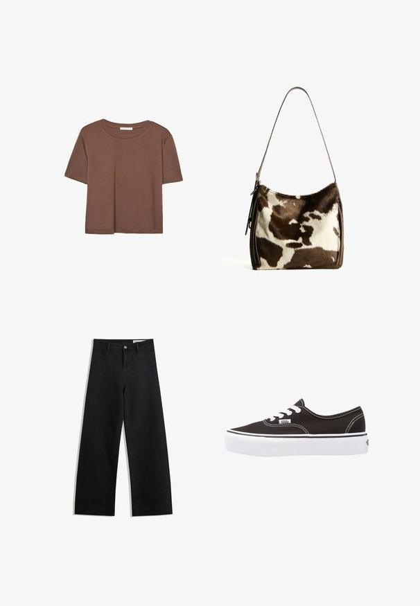 Brązowa koszulka z krótkim rękawem, wykonana z miękkiego materiału, z okrągłym dekoltem i luźnym krojem. Brak widocznych wzorów lub akcentów.; Czarne dżinsowe spodnie o szerokich nogawkach i wysokim stanie, z przednimi i tylnymi kieszeniami, przeszyciami oraz zapięciem na guziki. Gładka struktura.; Vans AUTHENTIC PLATFORM 2.0 czarny; Torebka na ramię z brązowej i kremowej skóry bydlęcej, z gładkim skórzanym paskiem, zamknięciem na zamek oraz miękką, teksturowaną powierzchnią o naturalnym wzorze.