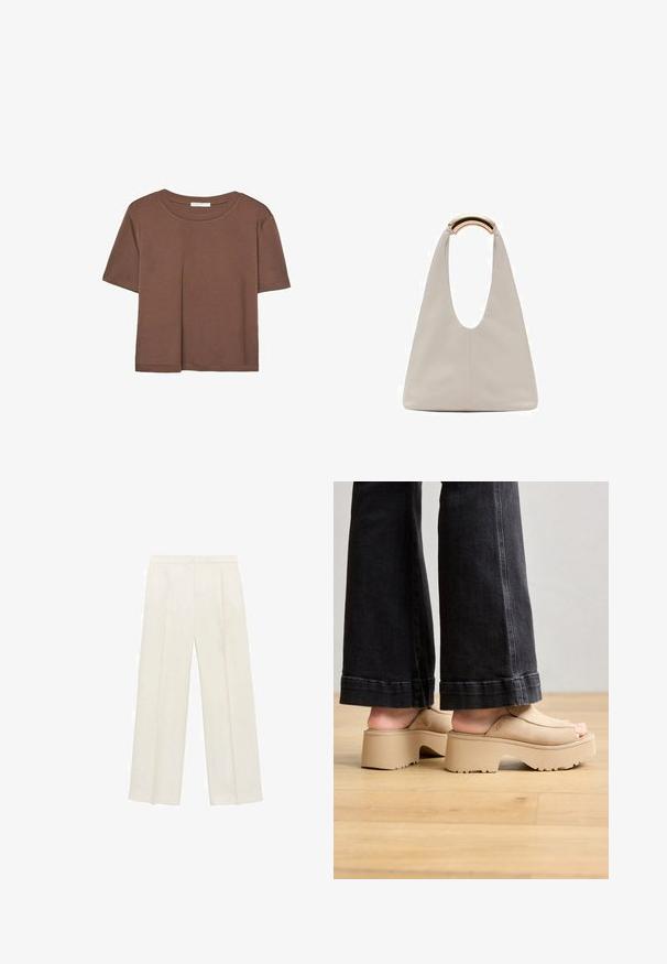 Braunes, kurzärmliges T-Shirt aus weichem Material mit rundem Halsausschnitt und lockerer Passform. Keine sichtbaren Muster oder Akzente.; Weit geschnittene Hosen in einem hellen cremefarbenen Farbton. Hergestellt aus einem glatten Stoff mit Falten an der Vorderseite und seitlichen Taschen.; Beige Plateau-Sandalen mit einem glatten Wildleder-Obermaterial, offener Zehenpartie, dicker Sohle und dezentem Branding, kombiniert mit dunkelblauen Schlagjeans.; Hellgraue Lederhandtasche mit einem U-förmigen Design und einem geschwungenen, metallischen Griff. Glatte Textur mit minimalen Nähten und ohne sichtbare Muster.