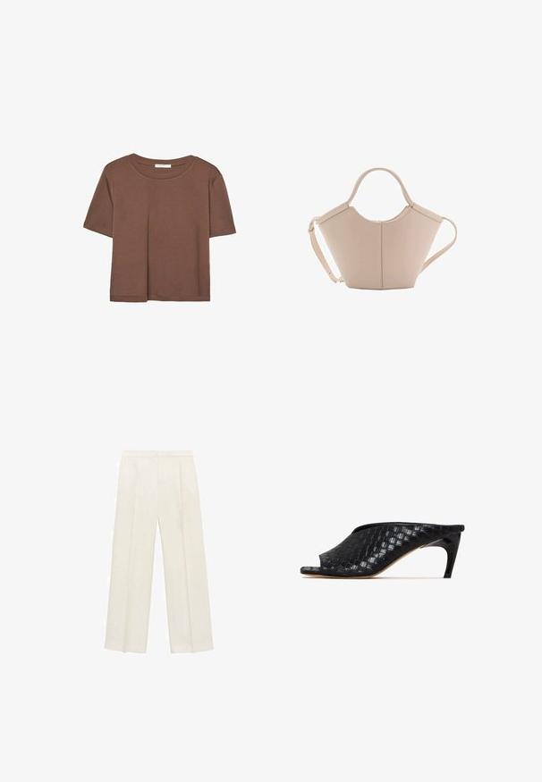 Smeđi kratki rukav majica od mekog materijala, s okruglim izrezom i opuštenim krojem. Nema vidljivih uzoraka ili naglasaka.; Hlače širokog kroja u svijetloj krem boji. Izrađene su od glatkog materijala s plisama sprijeda i bočnim džepovima.; Crne tkanine mule s otvorenim prstima i elegantnom, zakrivljenom petom. Materijal ima sjajnu završnu obradu, s teksturiranim, kariranim uzorkom.; Bež kožna torba jedinstvenog oblika, s dva kratka ručka i dugom podesivom trakom. Glatka tekstura s minimalnim metalnim dodacima.