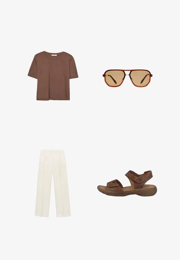 Hnědé tričko s krátkým rukávem vyrobené z měkké látky, s kulatým výstřihem a volným střihem. Bez viditelných vzorů nebo dekorací.; Kalhoty s širokými nohavicemi v světle krémové barvě. Vyrobené z hladké tkaniny s záhyby vpředu a bočními kapsami.; Hnědé kožené sandály s polstrovanou stélkou, dvěma nastavitelnými popruhy a texturovanou gumovou podrážkou. Obsahují viditelné detaily prošívání.; Hnědé osmiúhelníkové sluneční brýle s průhledným jantarem rámem a hnědými skly. Mají kovový akcent na můstku a štíhlé nožičky.; Světle béžová kožená kabelka přes rameno s půlměsíčovým tvarem, hladkým povrchem a jedním zakřiveným uchopem. Obsahuje zipový uzávěr a upravené švy.