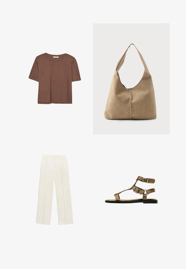 Rjava kratka majica s kratkimi rokavi iz mehkega materiala, s krožnim izrezom in ohlapnim krojem. Brez vidnih vzorcev ali dodatkov.; Hlače širokih nogavic v svetli kremni barvi. Narejene iz gladkega materiala s plitkimi naborki spredaj in stranskimi žepi.; Rjav semiš sandal z več trakovi in srebrnim sponko, ravnim podplatom, odprtim prstom in diskretno okrasitvijo s konicami.; Hobo torba iz mehkega bež nubuka z ohlapno obliko, širokim ramenskim trakom in ročno šivanim šivom po sprednji strani.