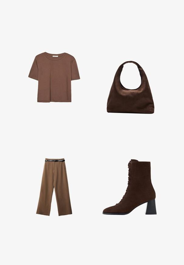 Hnědé tričko s krátkým rukávem vyrobené z měkké látky, s kulatým výstřihem a volným střihem. Bez viditelných vzorů nebo dekorací.; Hnědé kalhoty s širokými nohavicemi a hladkým povrchem, se černým páskem, dvěma předními kapsami a upraveným střihem.; Hnědé semišové kotníkové boty s špičatou špičkou, šněrováním vpředu a blokovým podpatkem. Podpatek má texturovaný černý akcent.; Měkká hnědá kabelka ve stylu hobo s jedním širokým popruhem a zakřiveným horním otvorem, vystavená na bílém pozadí.