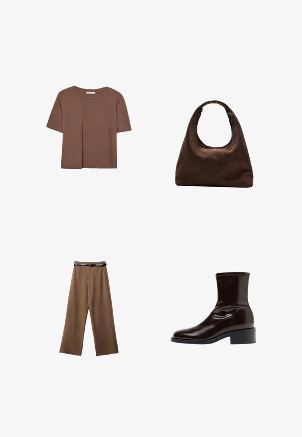 Maglietta a maniche corte marrone realizzata in tessuto morbido, con scollatura rotonda e vestibilità rilassata. Nessun motivo o dettaglio visibile.; Pantaloni a gamba larga marroni con una texture liscia, dotati di una cintura nera, due tasche frontali e un design sartoriale.; Stivale alla caviglia in pelle marrone con una finitura liscia, punta quadrata, cuciture testurizzate e tacco basso a blocco. Presenta un design elegante e minimalista.; Borsa hobo di un morbido marrone con una sola tracolla larga e un'apertura a manico curvo, esposta su uno sfondo bianco.