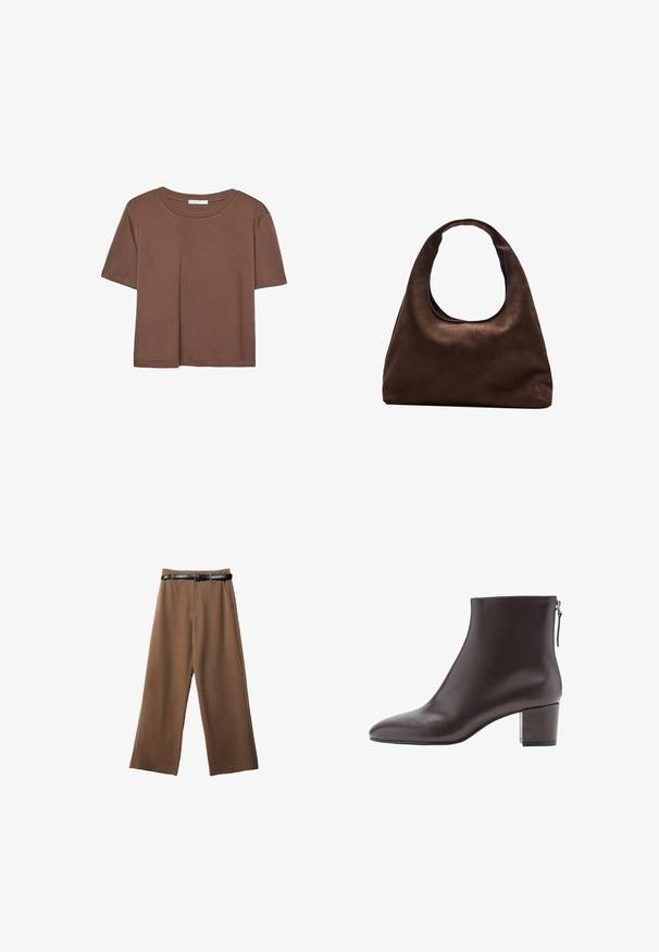 Braunes, kurzärmliges T-Shirt aus weichem Material mit rundem Halsausschnitt und lockerer Passform. Keine sichtbaren Muster oder Akzente.; Braune weit geschnittene Hosen mit glatter Textur, ausgestattet mit einem schwarzen Gürtel, zwei vorderen Taschen und einem taillierten Design.; Dunkelbraune Leder-Stiefelette mit Blockabsatz und Reißverschluss an der Rückseite, seitlich auf einem weißen Hintergrund dargestellt.; Weiche braune Hobo-Stil Handtasche mit einem einzigen breiten Trageriemen und einer geschwungenen Oberteilöffnung, auf einem weißen Hintergrund präsentiert.